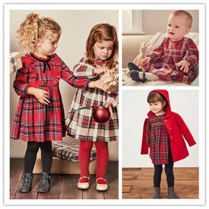 现货英国Next童装 女童女婴新款 红色圣诞新年格子长袖连衣裙裙子