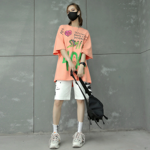 m家新款夏季薄宽松套装女嘻哈t恤短裤两件套酷酷风格女装 帅气潮