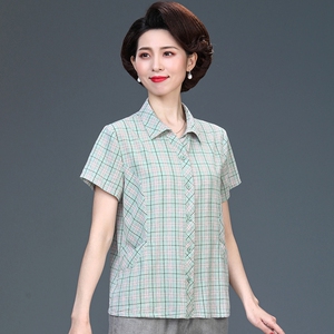 001人付款淘宝夏季新款中老年女装纯棉短袖开衫衬衣妈妈装半袖上衣