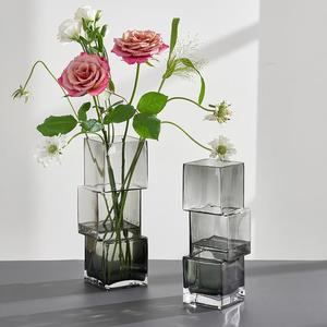 高级感创意异形方块玻璃花瓶透明水养鲜花玫瑰插干花摆件客厅餐桌