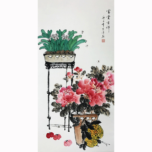 黄泽《富贵吉祥》纯手绘写意工笔牡丹水仙画字画花鸟画挂画拍卖