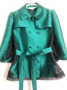 翡翠绿色短款风衣式女式外套，XL码，双排扣，无内衬，泡泡袖，