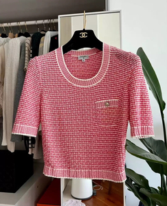 chanel香奈儿编制短袖 粉色针织衫女上衣