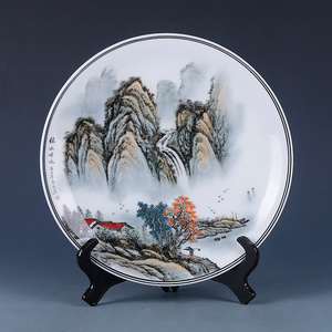 大师之作 八十高龄山水画陶艺名家 阳名乔手绘摆件依山畔水a077