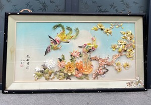 香港回流-80年代出口回流精品珍珠贝壳雕凤穿牡丹挂屏，贝雕工