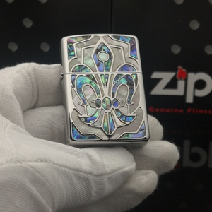 zippo打火机克罗心十字矛贝壳机盔甲镀铬银色 彩贝镶嵌 全