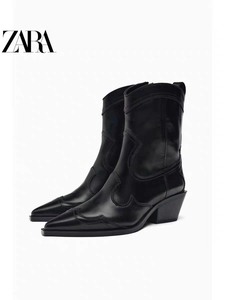 zara黑色拼接材质复古牛仔高跟短靴2114210800