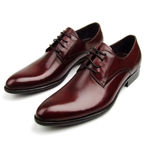 英伦尊贵透气流行男鞋 酒红色系带棱角尖头皮鞋欧美