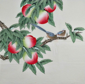 工笔花鸟寿桃长寿图多福多寿纯手工绘画工笔画寿桃桃子祝寿富贵尺