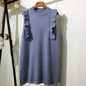 韩国木耳边针织马甲背心裙女春秋新款宽松中长款无袖坎肩毛衣外穿