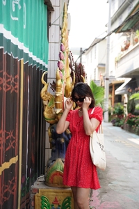 红色复古碎花短袖连衣裙泰国西双版纳东南亚旅游必备夏季短裙【售