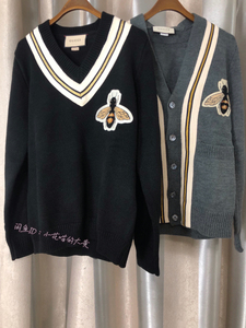 gucci古驰胸前小蜜蜂羊毛v领毛衣男女同款