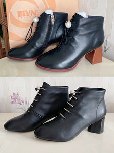 佰莉文全新全牛皮气质百搭短靴高跟鞋女马丁靴圆头系带单鞋