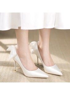 卡米 缎面高跟鞋白色设计感百搭宴会鞋婚鞋新娘细跟尖头单鞋女鞋