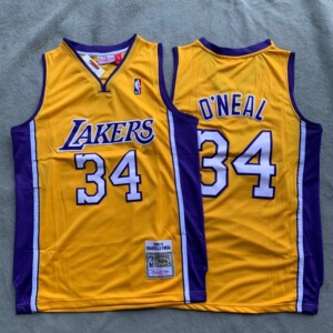 刺绣款奥尼尔34号黄色v领球衣nba湖人队球衣