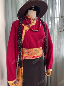 女式藏袍藏装套装  传统酒红色 裙子红色衬衣一件