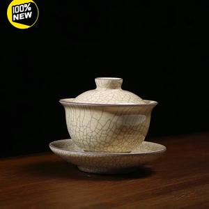 叶维德 龙泉青瓷 传世哥窑 龙纹宋影三才盖碗 金丝铁线 茶器