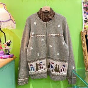 vintage欧美童趣雪人刺绣毛衣开衫