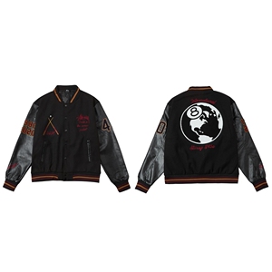stussy 斯图西四十周年黑八限定款拼接皮袖毛呢棒球服外套
