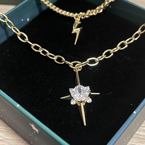 旭平新款时尚叠戴四芒星项链双层闪电简约轻奢酷锁骨毛衣链