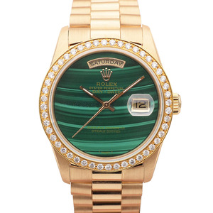 孔雀石盘[9.5新]劳力士星期日历型后钻后配圈自动机械男表18238