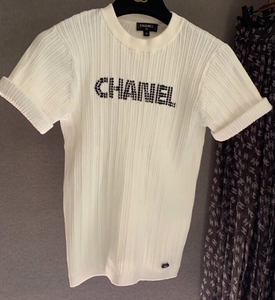 chanel香奈儿早春拼色logo短袖条纹针织衫女上衣