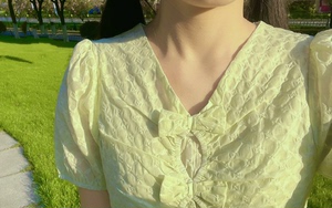 夕夕米露 自制复古法式显白牛油果绿连衣裙女夏季V领镂空裙子