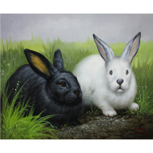 朝鲜油画 一级画家金京美《兔子》精品动物油画 客厅挂画