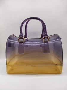 正品FURLA芙拉手提包，紫黄拼色枕头包，可视透明橡胶手提包