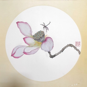 纯手绘国画禅意荷花图,尺寸38*38熟宣卡纸,无需装裱,直接