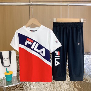 斐乐fila中大男童撞色短袖t恤七分裤运动套装