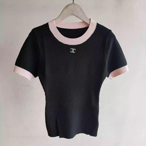 chanel香奈儿早春拼色logo短袖条纹淡粉色针织衫女上衣