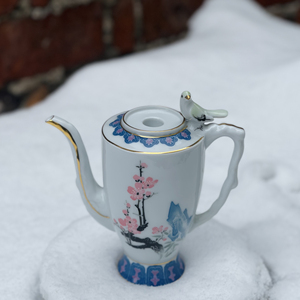 醴陵老瓷器永胜瓷厂釉下五彩手绘大球泥梅竹鸟鸣壶包老保真收藏