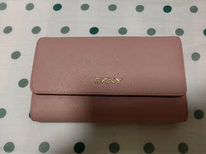 DKNY钱包手包十字纹皮粉色拉链三折