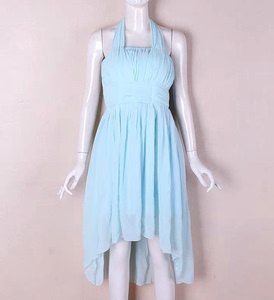 2023夏季女装短款晚礼服小拖尾连衣裙伴娘服演出服蓝色
