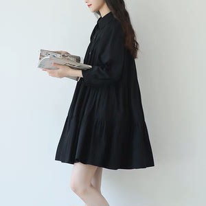 以纯夏季新黑色宽松a字公主娃娃裙女九分泡泡袖衬衫式连衣裙