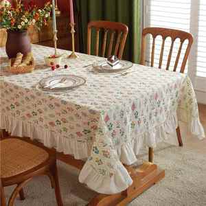 法式复古麻色绿植餐桌布拼接荷叶边圆形台布ins小花田园风圆桌布