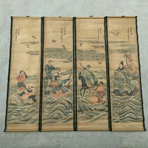唐寅古字画四条屏八仙过海图挂画古家用客厅装饰中堂画国画收藏