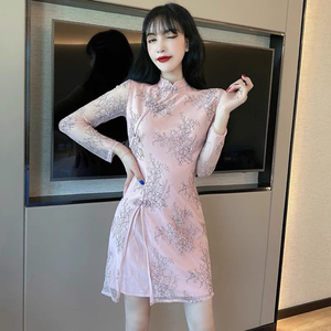 蕾丝旗袍 春季装 修身显瘦透明长袖小个子包臀打底连衣裙 技师