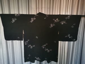 黑色枫叶辻花羽织 日本带回中古和服传统 化纤正绢羽织 古着