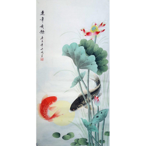 纯手绘国画成品工笔画荷花鱼三尺竖幅工笔花鸟画纯手绘真迹画芯未