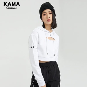 KAMA【商场同款】新款长袖潮流时尚短款圆领镂空连帽卫衣女