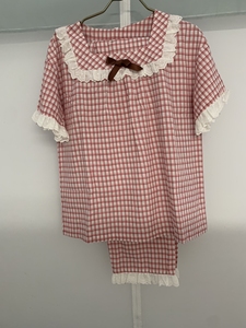 情牵一线梭织棉短袖九分裤格子花边甜美睡衣家居服l码