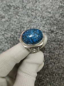 00余敏yumin0淘宝天然原矿乌兰花戒指 男戒 网花绿松石戒面 18k金