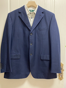 国人西服9成新 男士藏蓝色正装西装 面料含澳毛 竖条纹 很年