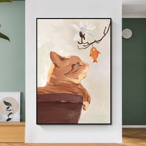 现代简约餐厅装饰画日式饭厅厨房背景墙挂画猫咪玄关过道墙面壁画