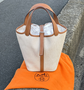 中古正品爱马仕hermes帆布x金棕色菜篮子小水桶