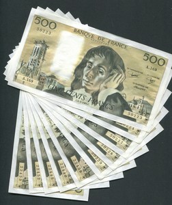 法国纸币500法郎 纸钞 布莱士·帕斯卡1979全新挺版品相(包邮)
