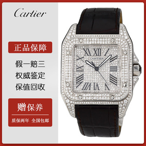 95新-卡地亚男士手表山度士51.1mm机械表后镶满钻真皮带w20073x8