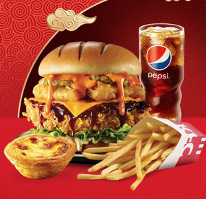 肯德基单人潮堡套餐 芝士脏脏鳕鱼鸡腿堡 蛋挞可乐 薯条带下